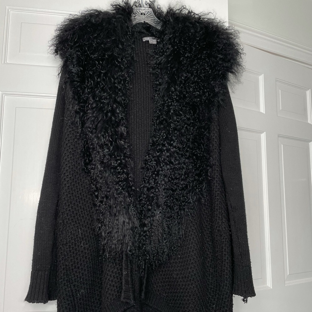 Vince Fur Collar Black Cardigan